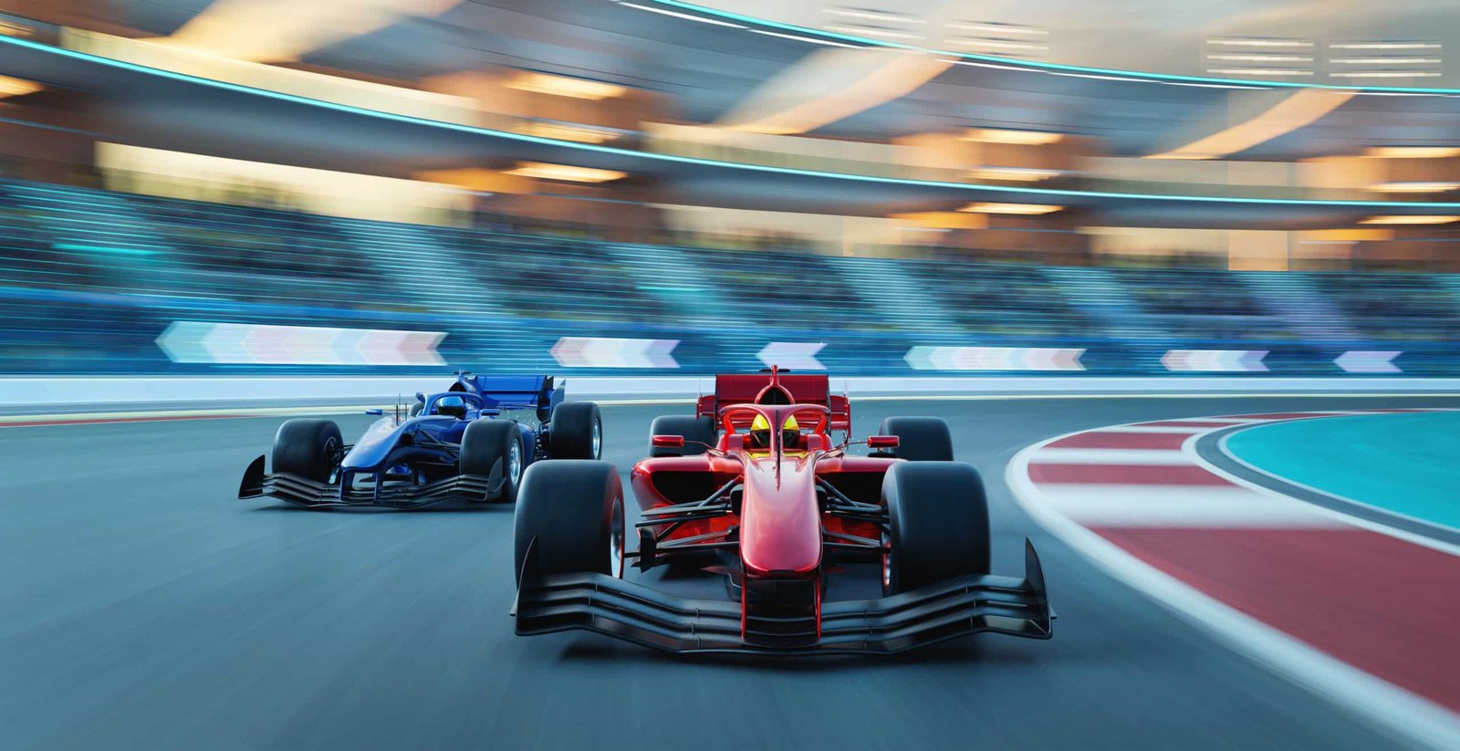 Deux monoplaces, une rouge et une bleue, lancées côte à côte dans un virage de circuit devant des tribunes