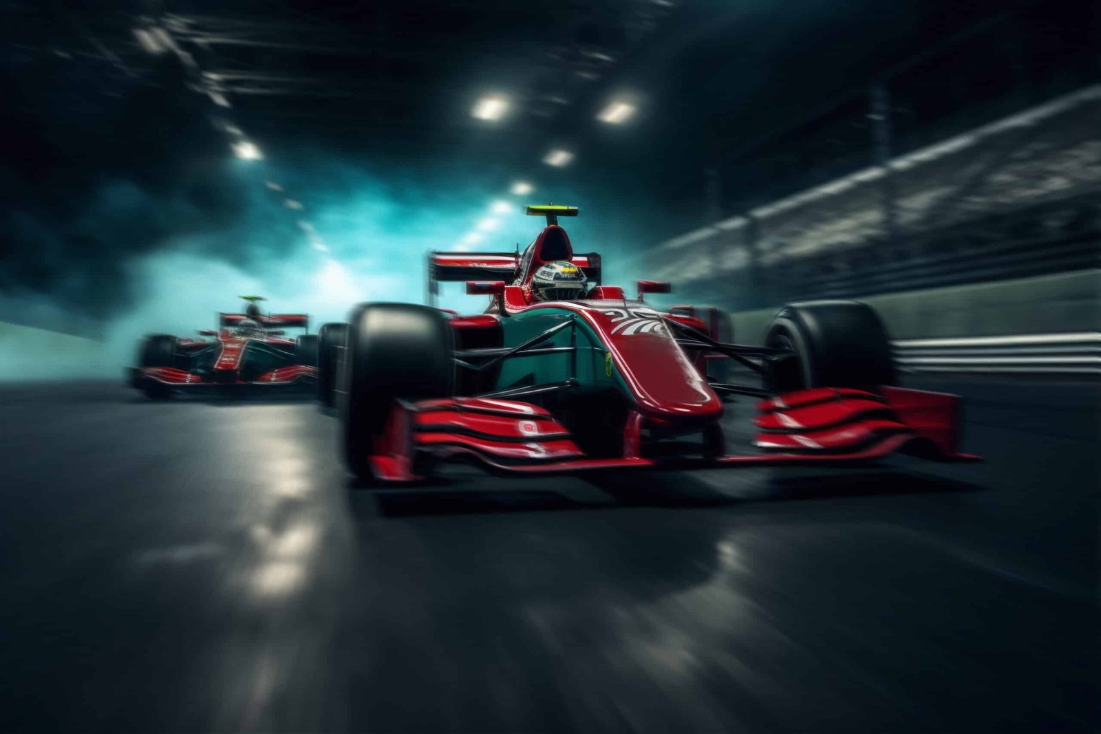 Deux monoplaces de course lancées à pleine vitesse sur un circuit éclairé de nuit