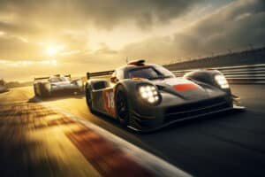 Deux prototypes d'endurance sur un circuit au soleil couchant, le numéro 18 phares allumés devant un prototype blanc