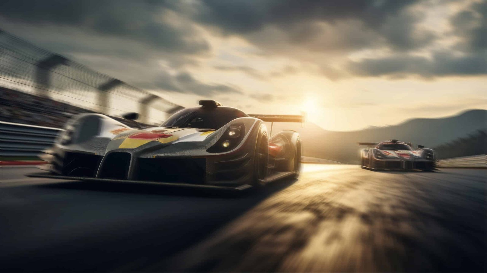 Deux prototypes d'endurance lancés côte à côte sur un circuit au coucher du soleil