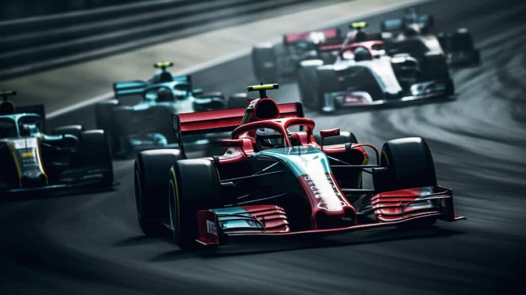 Monoplaces de formule en peloton serré à l'abord d'un virage de circuit