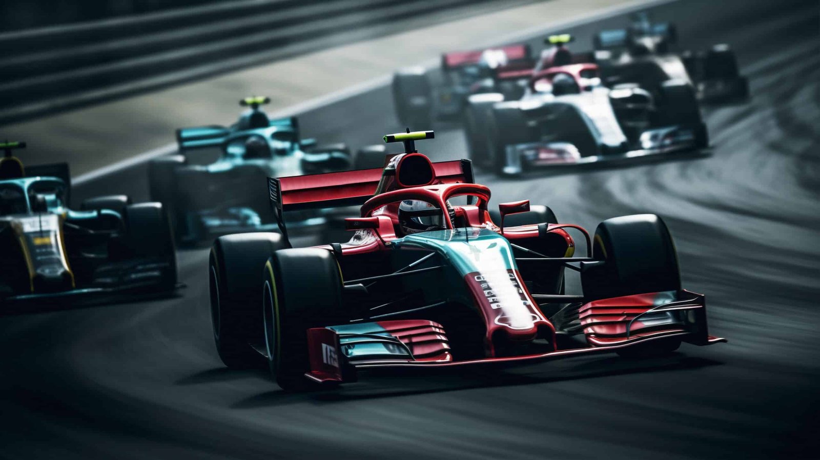 Monoplaces de formule en peloton serré à l'abord d'un virage de circuit