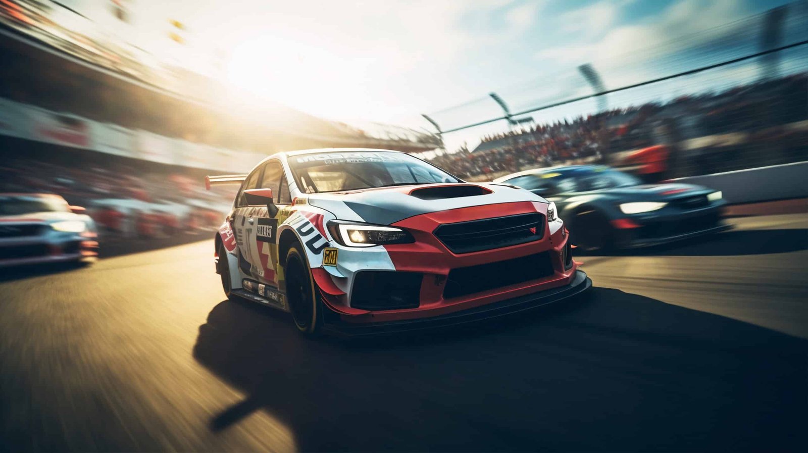 Voiture de tourisme de course rouge et blanche en tête d'un peloton sur circuit, tribunes en arrière plan