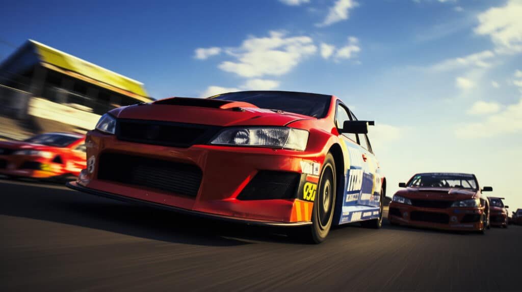 Berline de course rouge et blanche à aileron, lancée en tête devant plusieurs concurrentes sur un circuit sous un ciel bleu