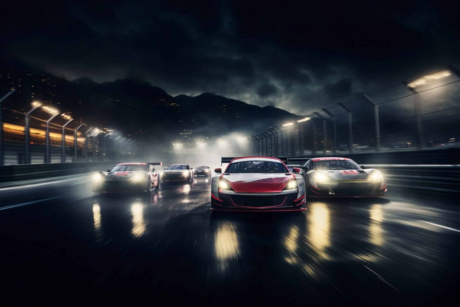 Peloton de voitures GT phares allumés sur une piste détrempée de nuit, sous les projecteurs d'un circuit et devant des collines éclairées
