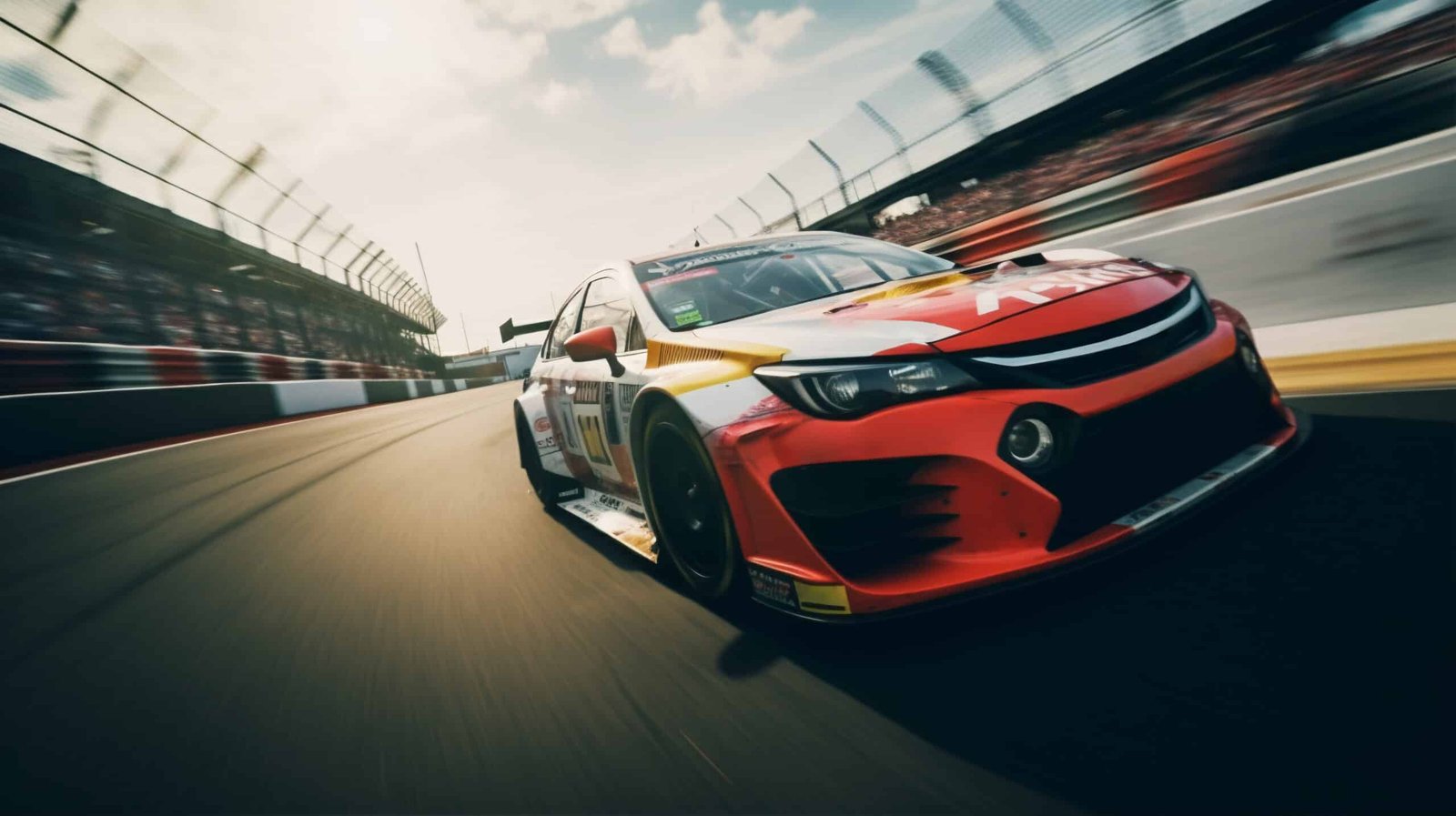 Voiture de course de tourisme rouge et blanche en pleine accélération sur un circuit, tribunes et vibreurs filés par la vitesse