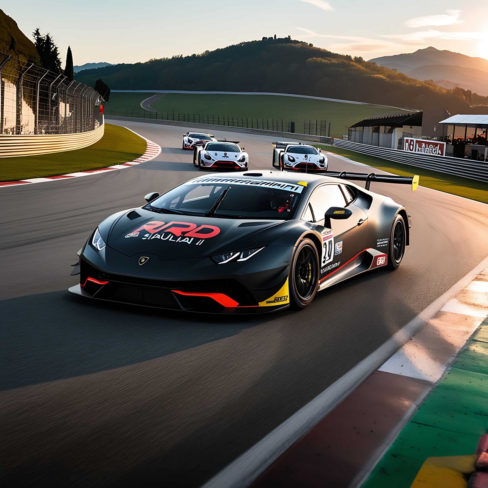 Voiture de course GT noire menant un groupe de voitures sur un circuit vallonné au coucher du soleil