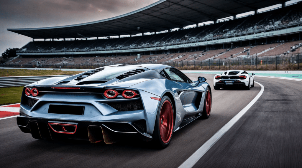 Supercar gris argent vue de l'arrière sur un circuit, une voiture blanche devant elle et une tribune couverte en fond