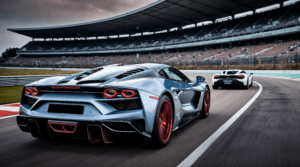 Supercar gris argent vue de l'arrière sur un circuit, une voiture blanche devant elle et une tribune couverte en fond