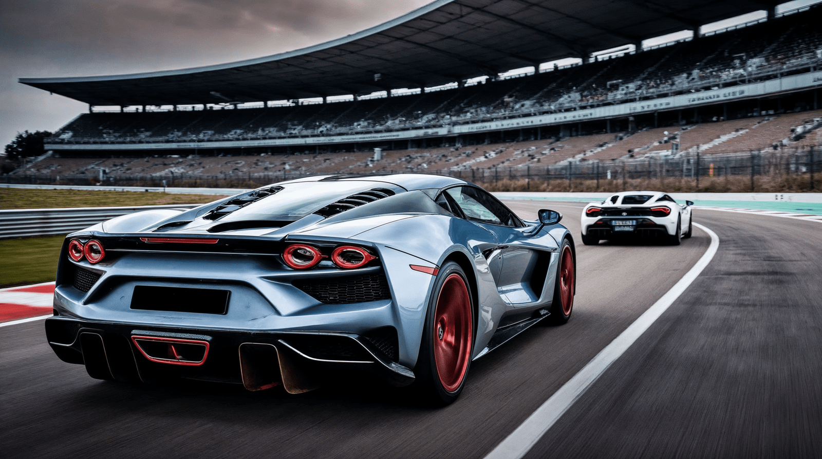 Supercar gris argent vue de l'arrière sur un circuit, une voiture blanche devant elle et une tribune couverte en fond