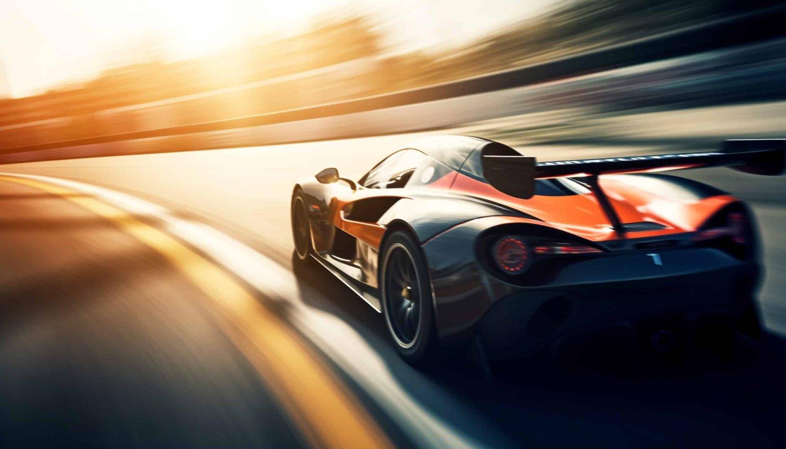 Voiture de sport grise et orange à aileron arrière, vue de trois quarts arrière, lancée à pleine vitesse sur un circuit au soleil couchant, décor filé par la vitesse
