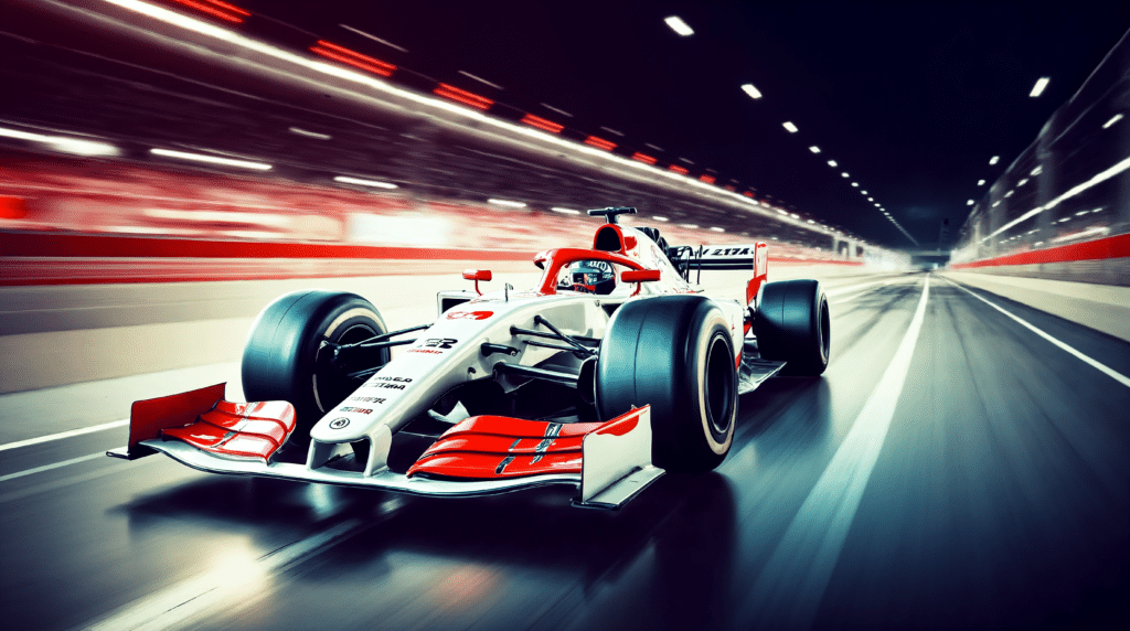 Monoplace de formule blanche et rouge lancée à pleine vitesse sur un circuit éclairé, arrière plan filé