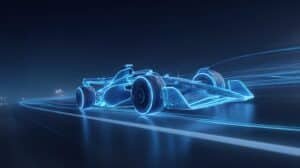 Monoplace de type Formule 1 dessinée en fil de fer bleu lumineux, lancée sur une piste de nuit