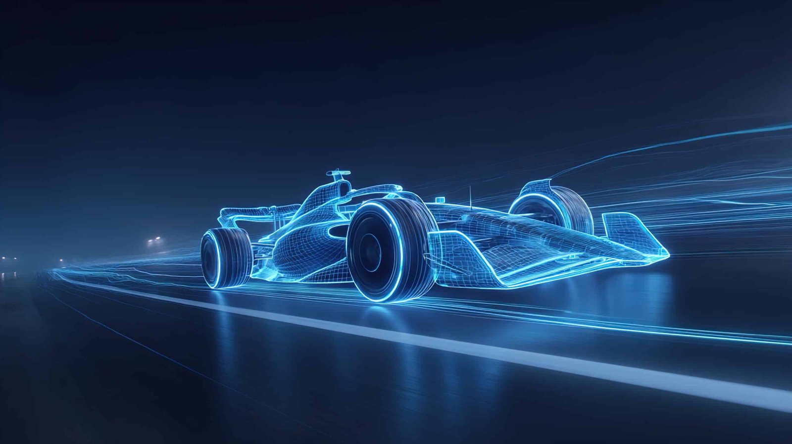 Monoplace de type Formule 1 dessinée en fil de fer bleu lumineux, lancée sur une piste de nuit