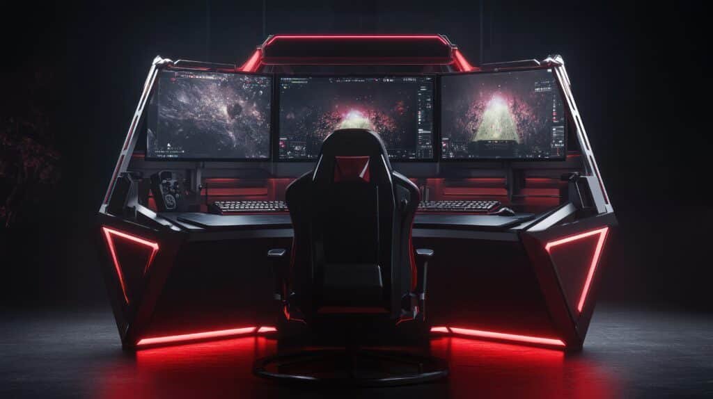 Poste de jeu à trois écrans sur un bureau noir éclairé de néons rouges, fauteuil gaming vu de dos au centre