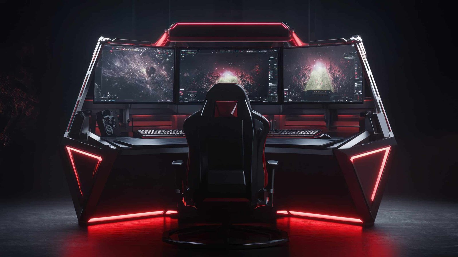 Poste de jeu à trois écrans sur un bureau noir éclairé de néons rouges, fauteuil gaming vu de dos au centre