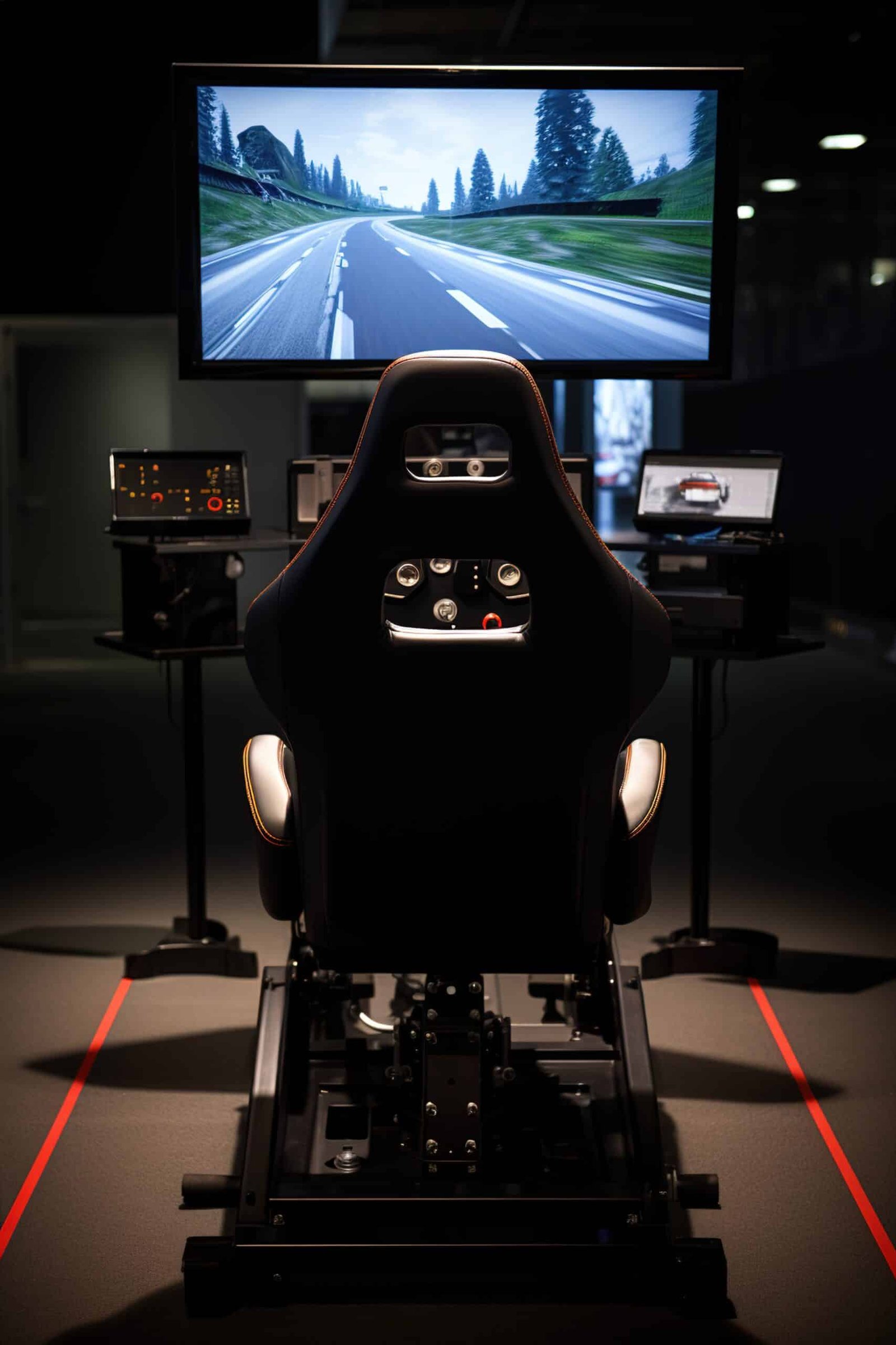 Cockpit simracing complet vu de l'arrière, siège baquet sur châssis acier et écran affichant une route de campagne