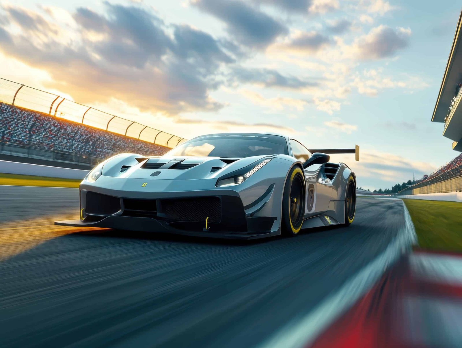 Voiture GT grise à aileron arrière lancée dans un virage de circuit au coucher du soleil, tribunes en arrière-plan et effet de vitesse