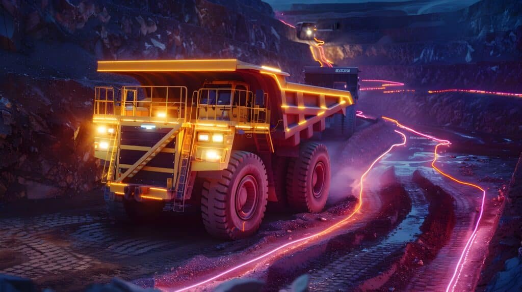 Camion de chantier illuminé descendant une piste de carrière la nuit, phares allumés et traînées lumineuses au sol