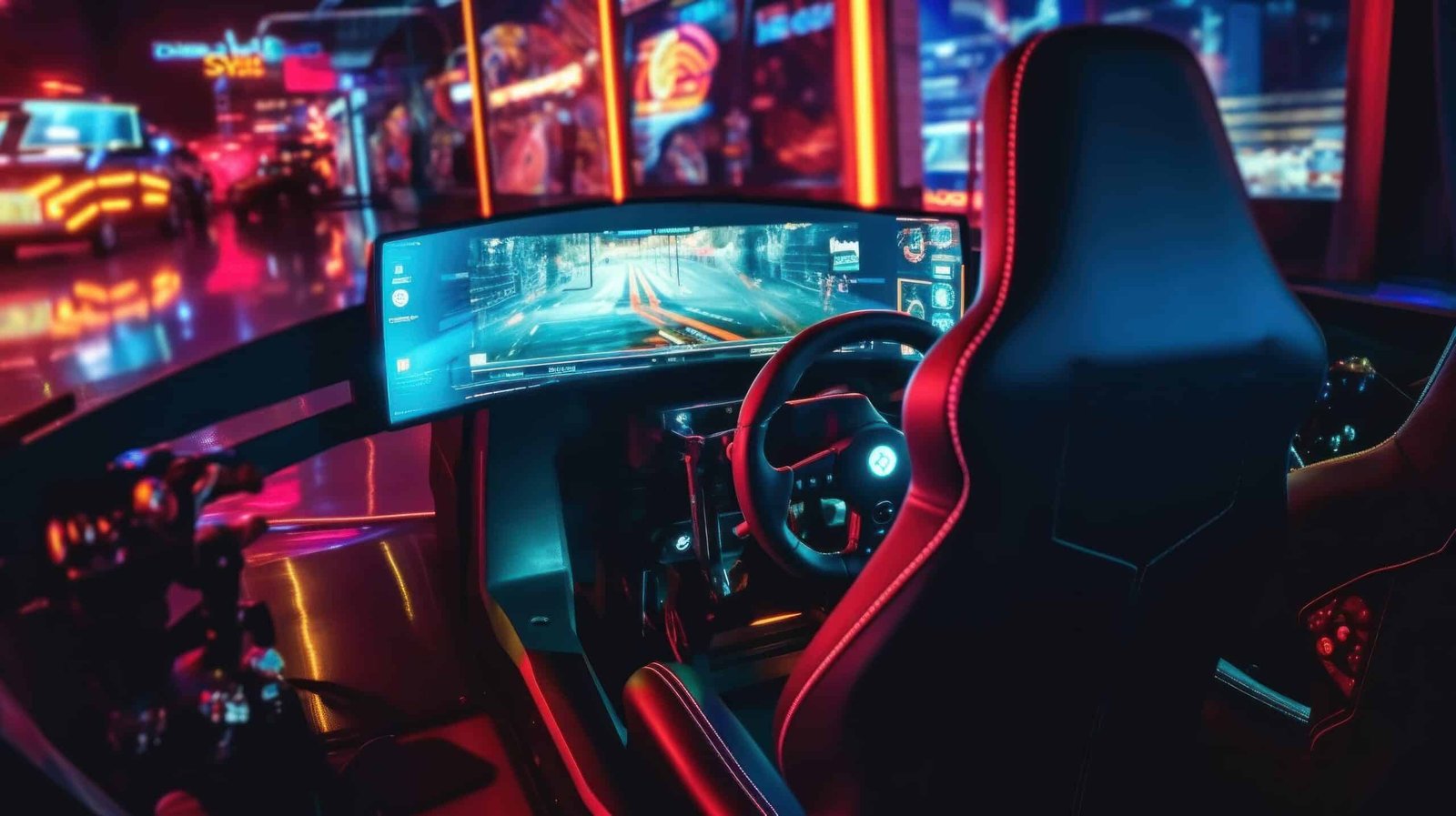Poste de simracing vu de dos dans une salle aux néons rouges : siège baquet, volant et large écran incurvé affichant une piste