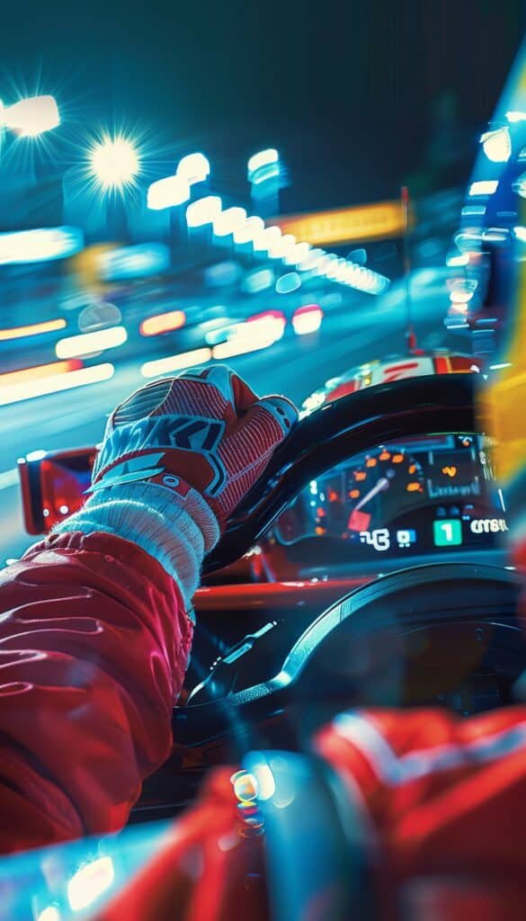 Gros plan sur la main gantée d'un pilote tenant le volant d'une monoplace, tableau de bord allumé et lumières filées de nuit