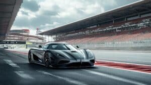 Supercar gris anthracite sur la ligne droite des stands, devant une grande tribune vide