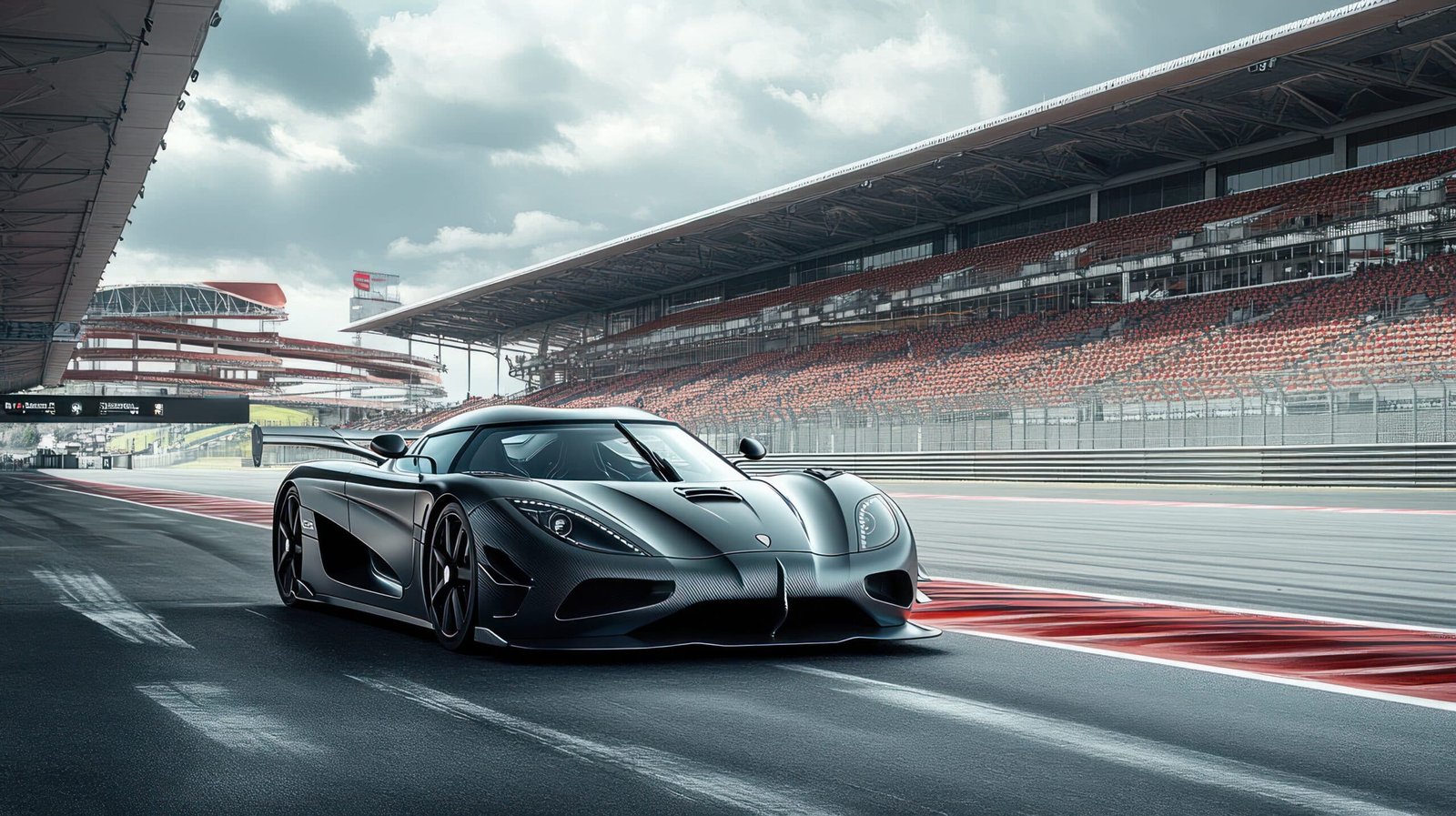 Supercar gris anthracite sur la ligne droite des stands, devant une grande tribune vide