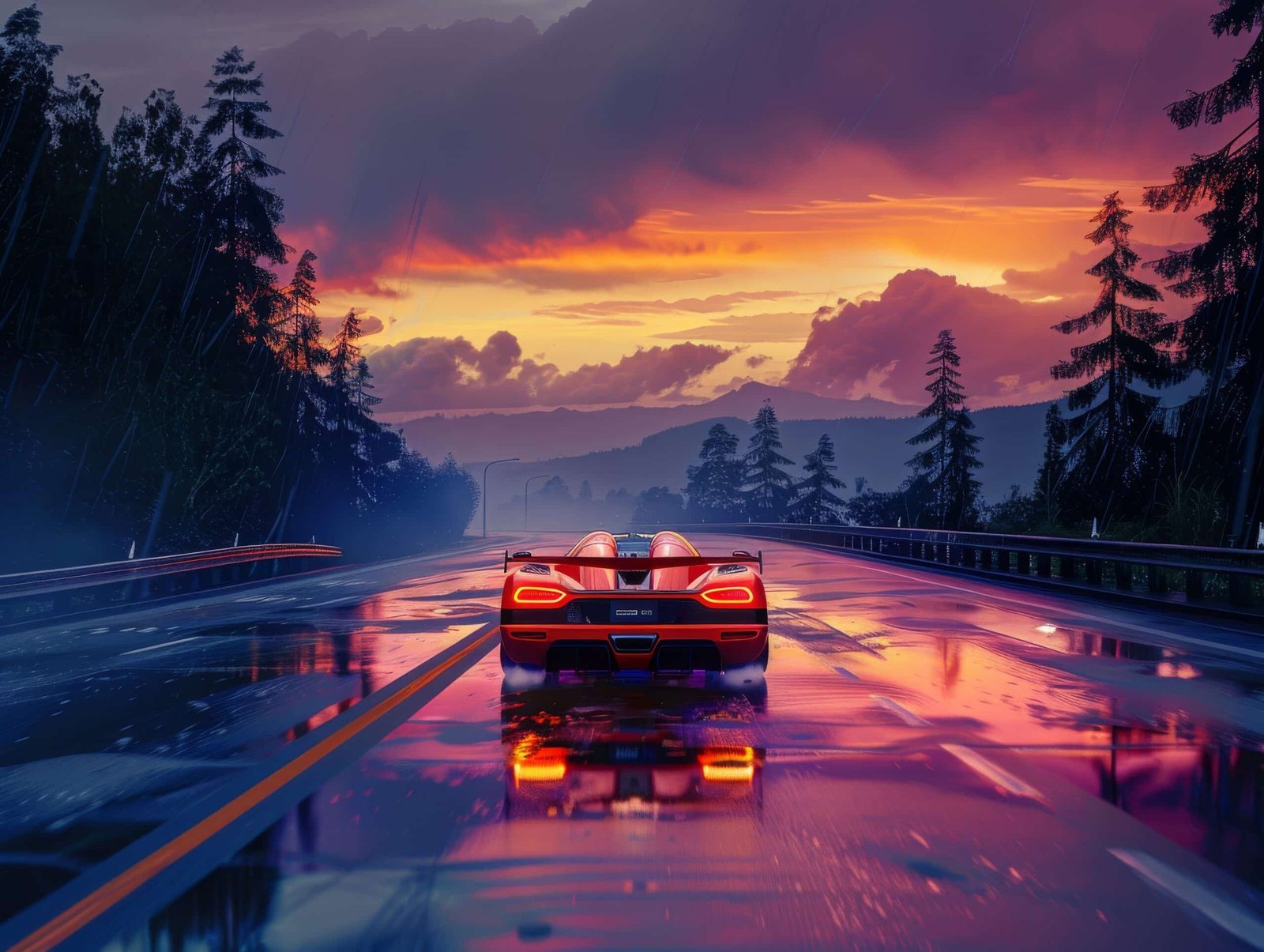 Supercar orange vue de l'arrière sur une route mouillée bordée de sapins, sous un ciel de coucher de soleil