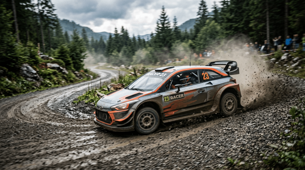 Voiture de rallye grise et orange numéro 23 en glisse sur une piste de terre en forêt, projetant des gravillons