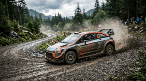 Voiture de rallye grise et orange numéro 23 en glisse sur une piste de terre en forêt, projetant des gravillons