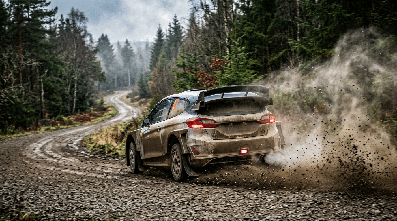 Voiture de rallye boueuse en glisse sur une piste de gravier en forêt, gravillons projetés par les roues arrière