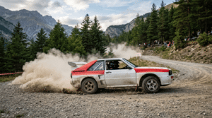 Voiture de rallye blanche et rouge en glisse sur une piste de gravier en montagne, soulevant un nuage de poussière