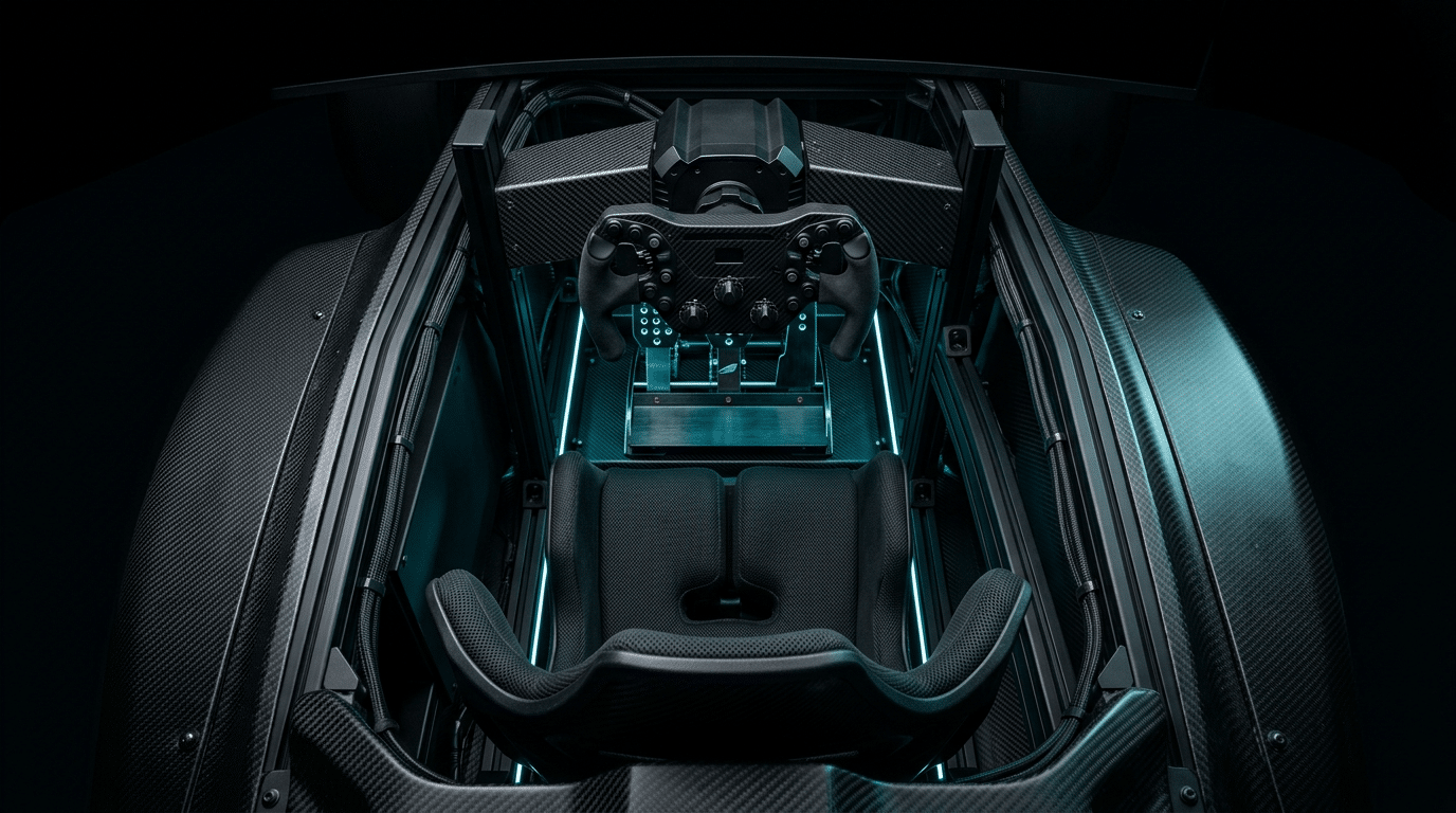 Vue plongeante dans un cockpit de simracing à coque en carbone façon monoplace : baquet noir, volant de formule sur sa base et pédalier au fond, sous un éclairage cyan