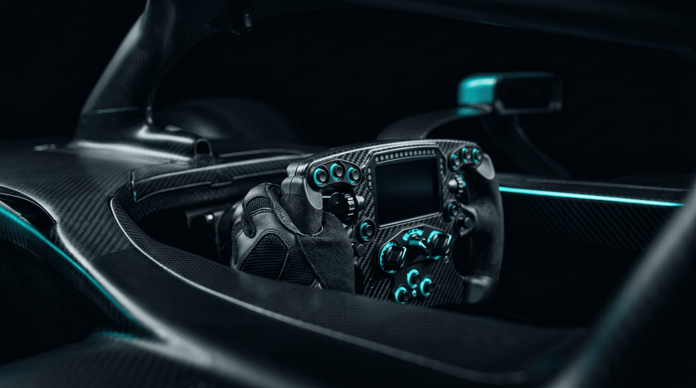 Main gantée sur un volant de formule à écran intégré, dans une coque de monoplace en carbone avec son rétroviseur, sous un éclairage cyan