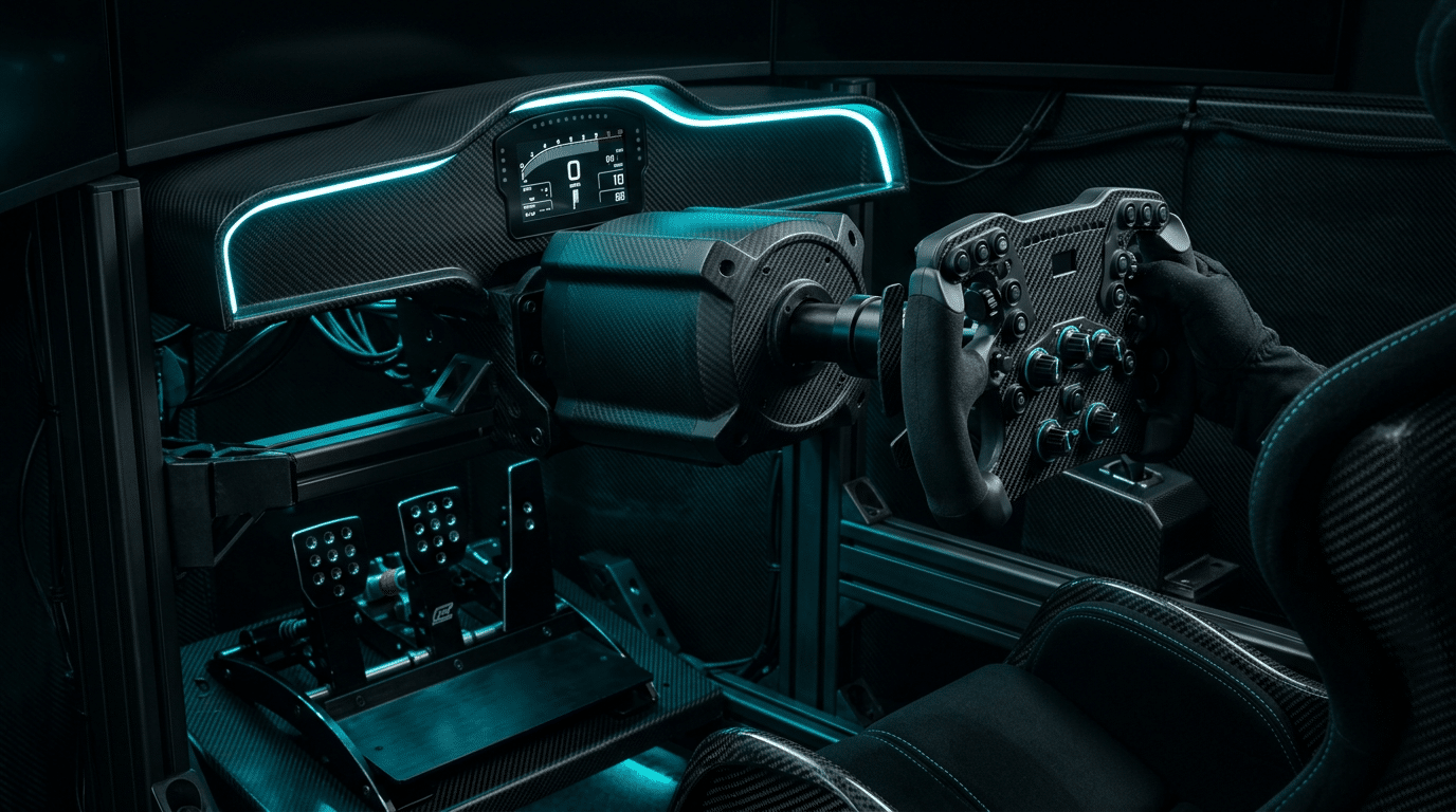 Poste de simracing vu de face : volant de formule à écran sur une base direct drive, pédalier à deux pédales sur son plateau, montants en profilé aluminium et bandeau d'afficheur éclairé en cyan