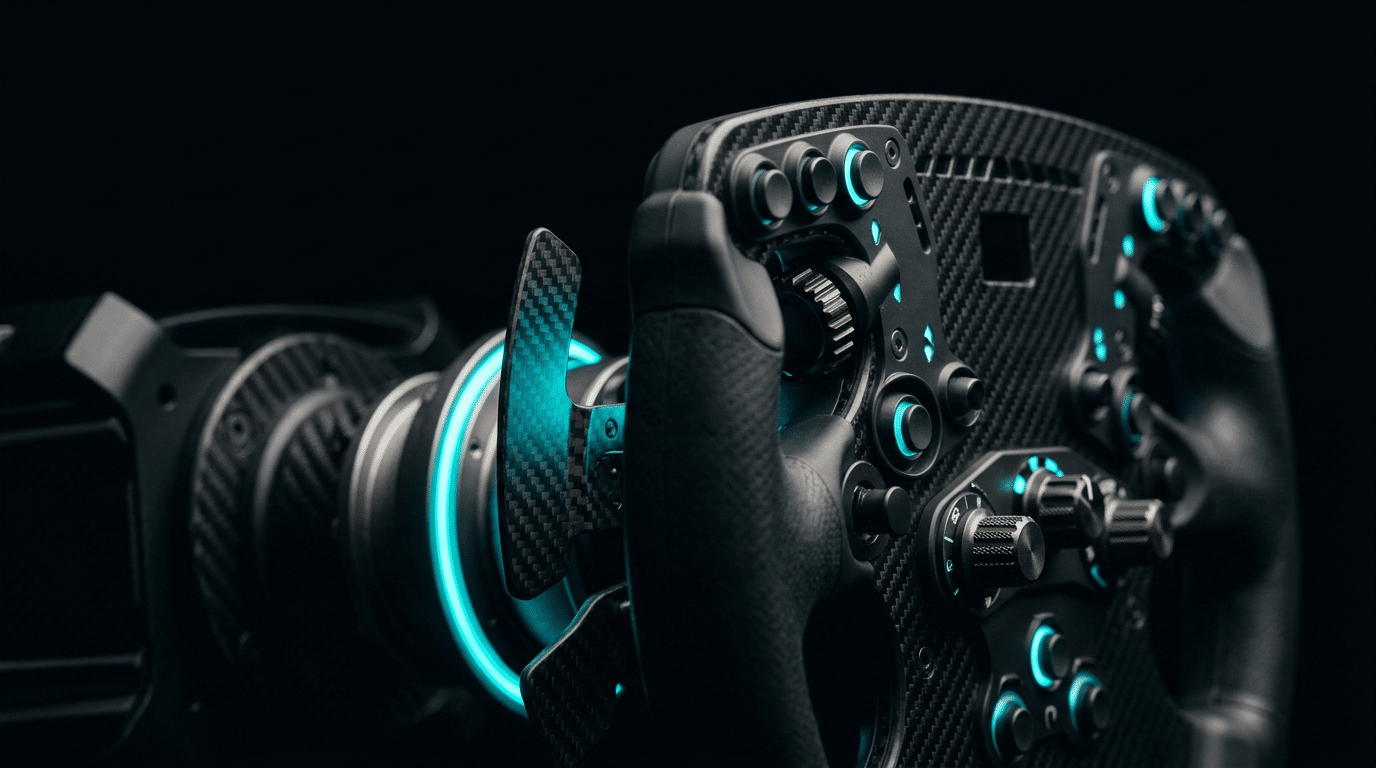 Volant de simracing de type formule en carbone monté sur une base direct drive, boutons rétroéclairés en cyan et palettes, sur fond noir