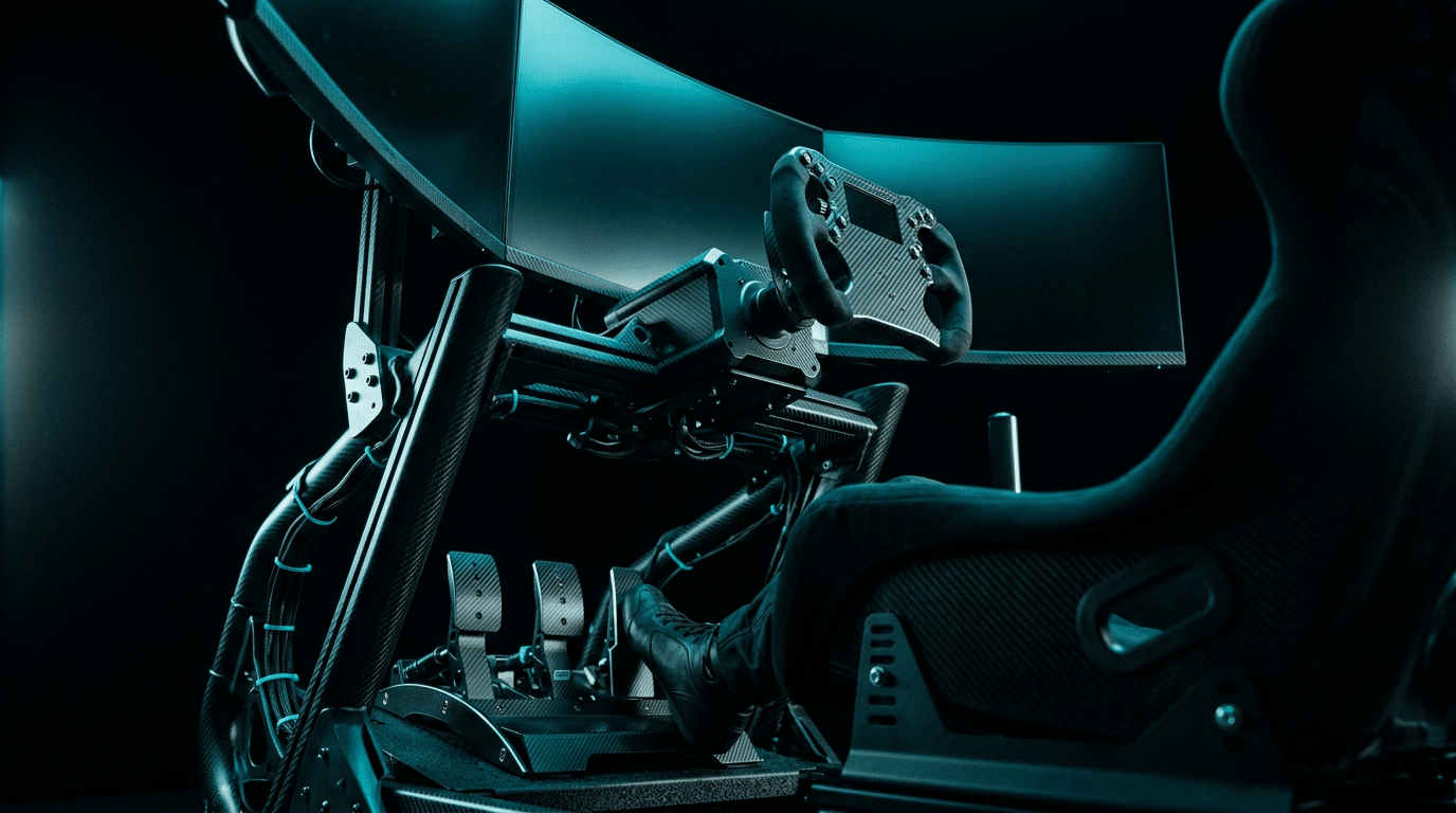 Cockpit de simracing mêlant tubes et profilés, vu de côté : pilote au baquet, pieds sur un pédalier à trois pédales, volant de formule sur son support et écrans incurvés en arrière plan, sous un éclairage cyan