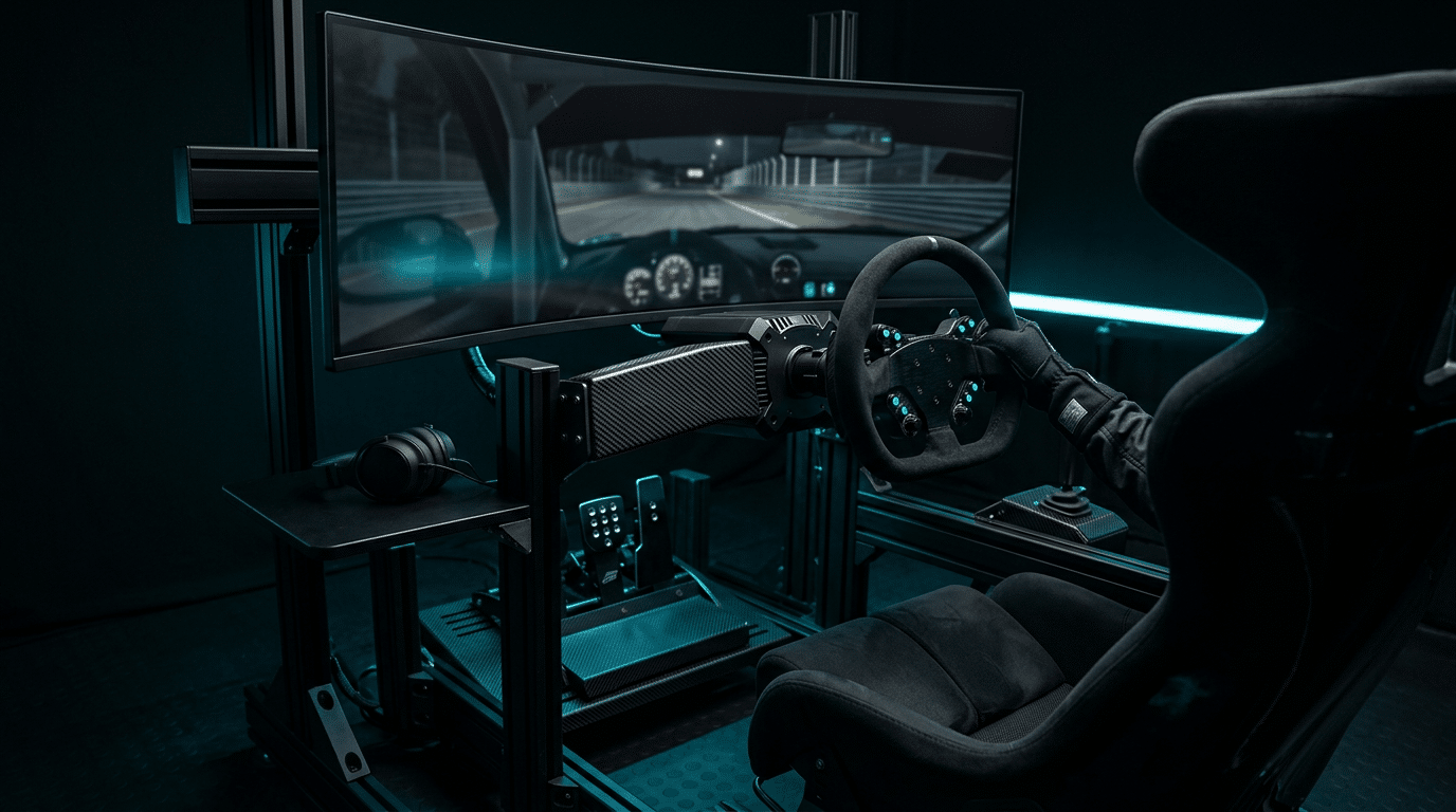Pilote ganté au volant d'un cockpit en profilé aluminium, face à un écran ultra large incurvé qui affiche une course de nuit, avec baquet, pédalier, levier et tablette portant un casque audio, sous un éclairage cyan
