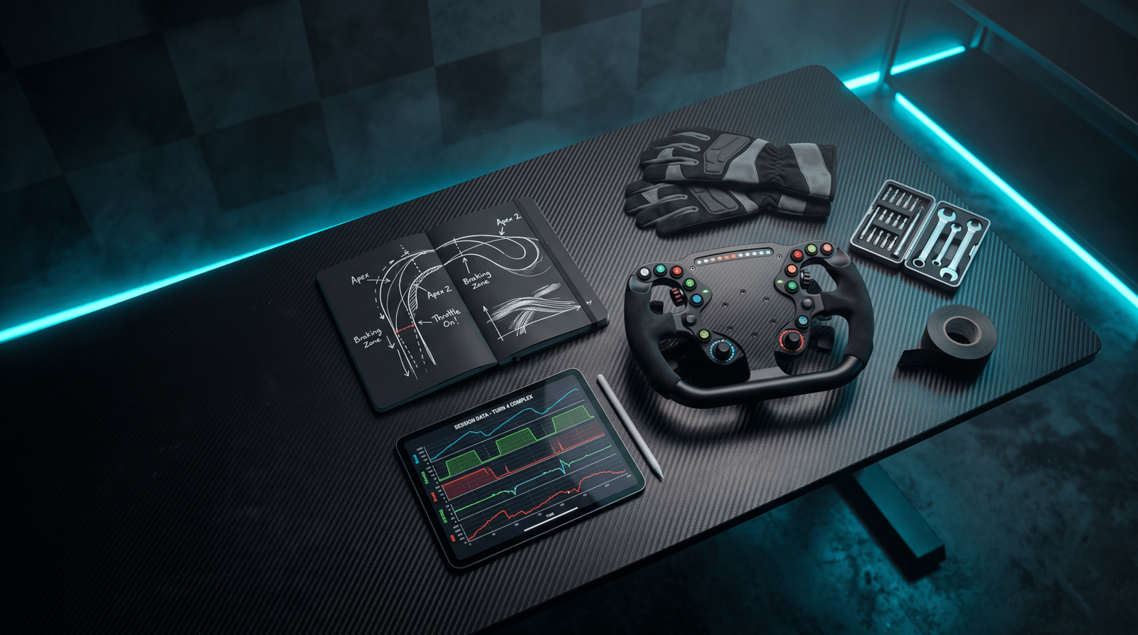 Jante de simracing de type formule posée sur un bureau en carbone, entre un carnet de trajectoires annoté, une tablette affichant des courbes de télémétrie, des gants et un jeu d'outils