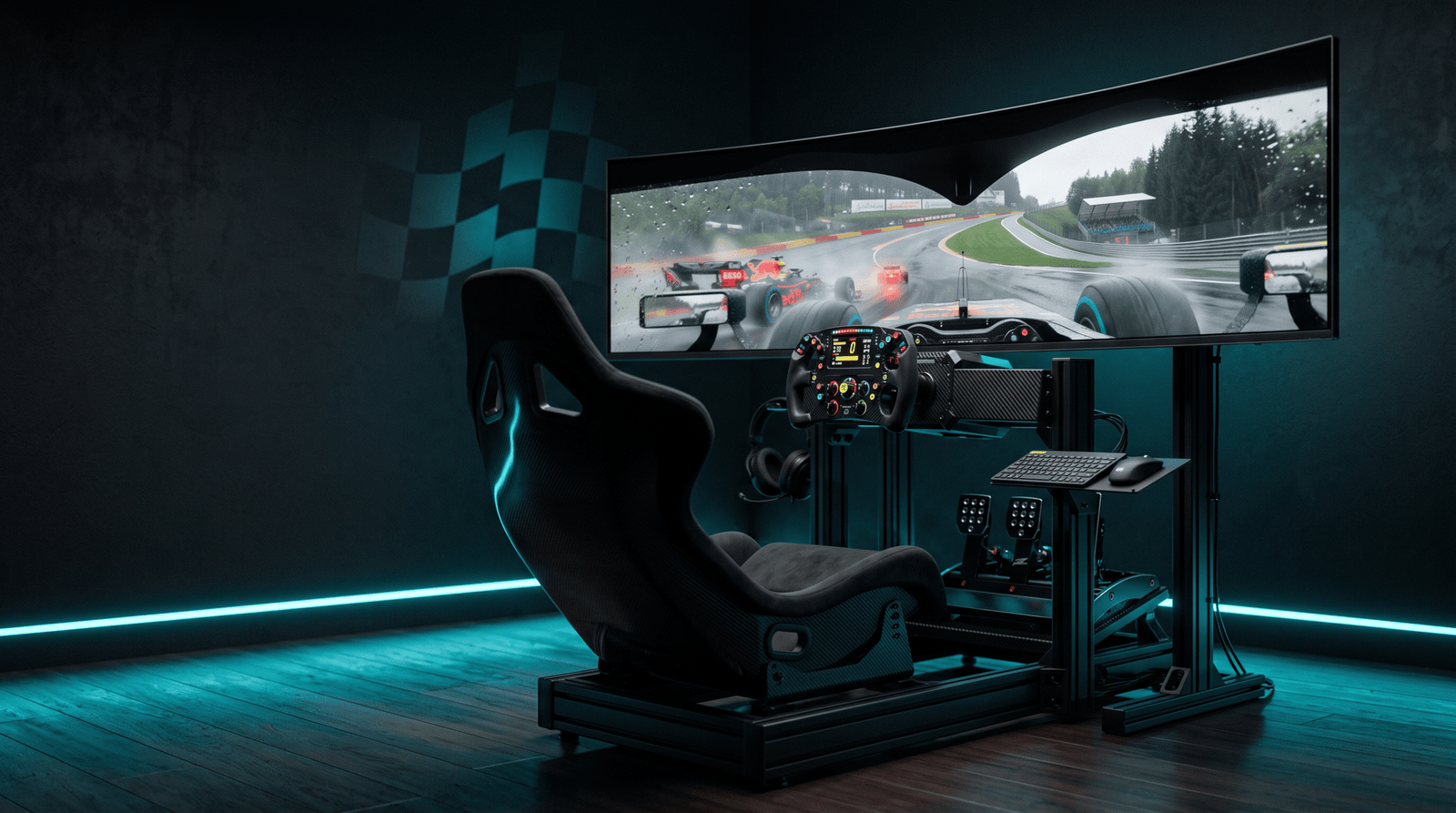 Cockpit simracing noir en profilé avec siège baquet, volant de formule, pédalier et support clavier, face à un grand écran incurvé montrant des monoplaces sous la pluie, dans une pièce éclairée de néons bleus