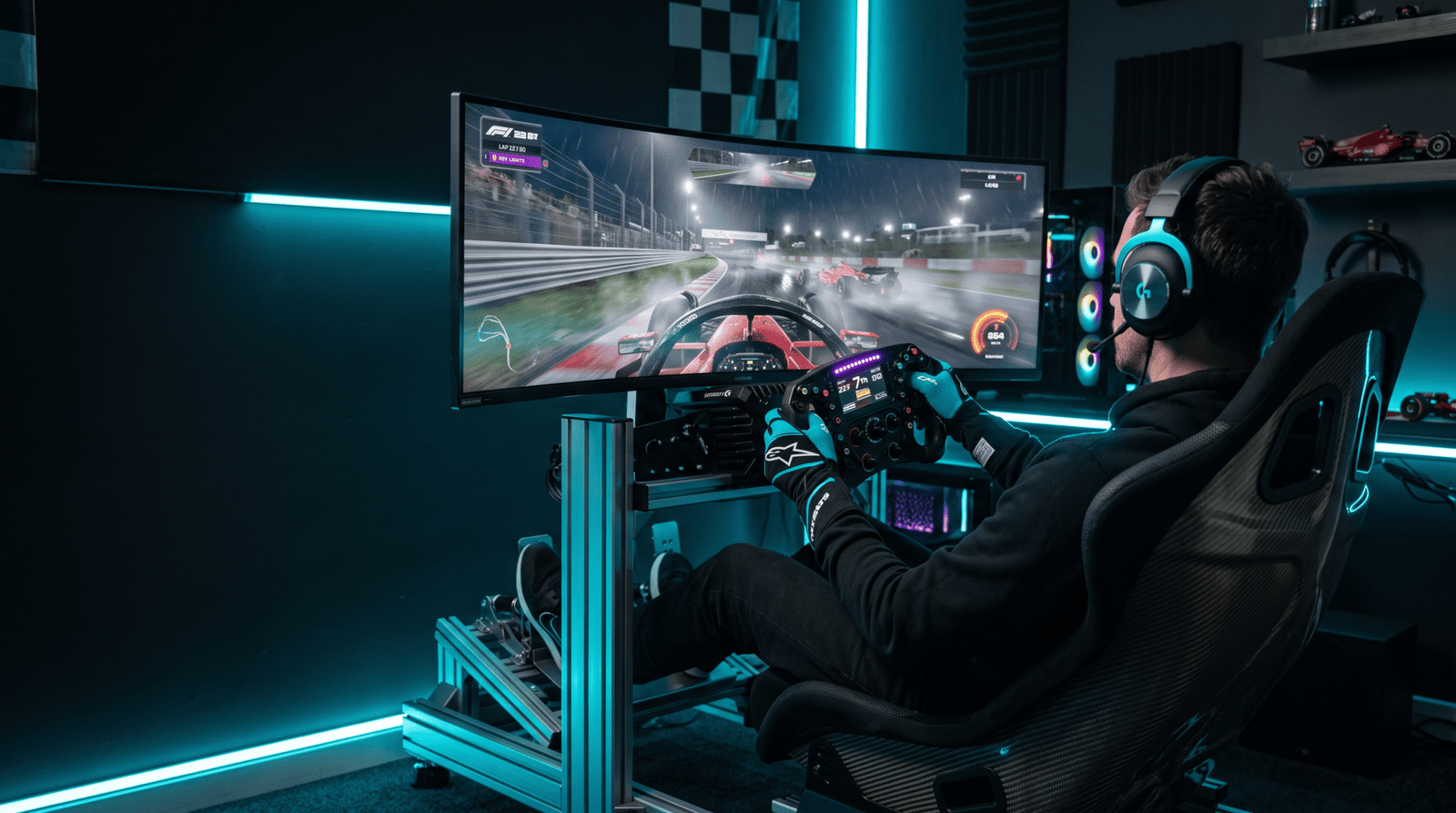 Pilote avec casque audio installé dans un siège baquet, mains sur un volant de formule monté sur un châssis en profilé aluminium, face à un écran incurvé affichant une monoplace de nuit