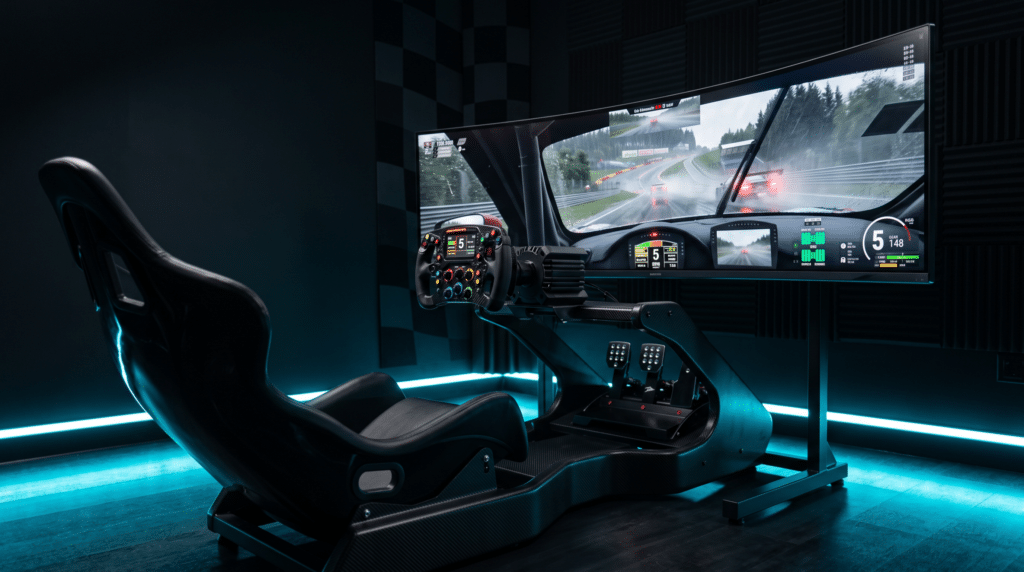 Cockpit simracing noir vu de côté, siège baquet, volant de formule à écran et pédalier, face à un écran incurvé affichant une course sous la pluie