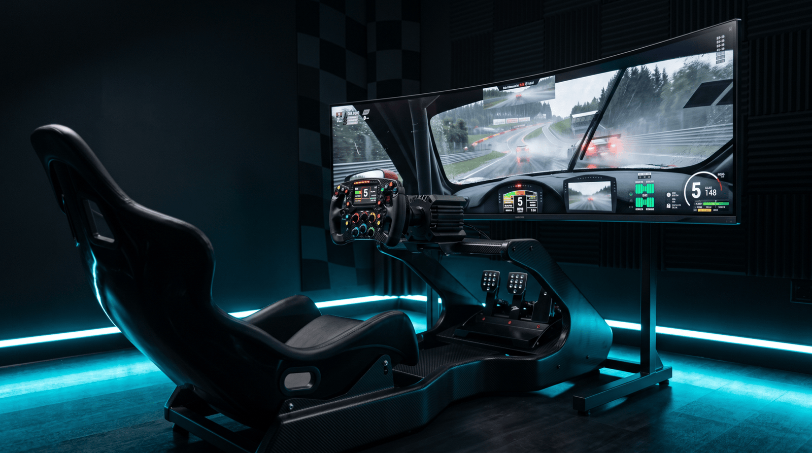 Cockpit simracing noir vu de côté, siège baquet, volant de formule à écran et pédalier, face à un écran incurvé affichant une course sous la pluie