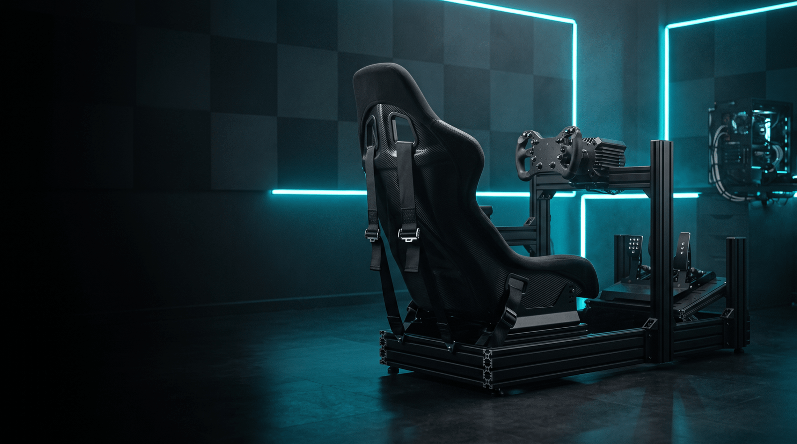 Cockpit simracing équipé d'un volant rond et d'un pédalier, siège baquet à harnais et éclairage néon cyan