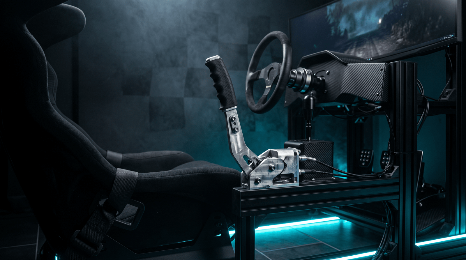 Cockpit simracing en profilés aluminium, baquet, frein à main, volant rond et pédalier, éclairage cyan sous le châssis