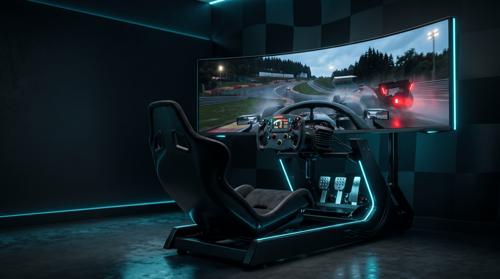 Cockpit simracing complet, volant formule et pédalier face à un écran incurvé affichant une course sur circuit
