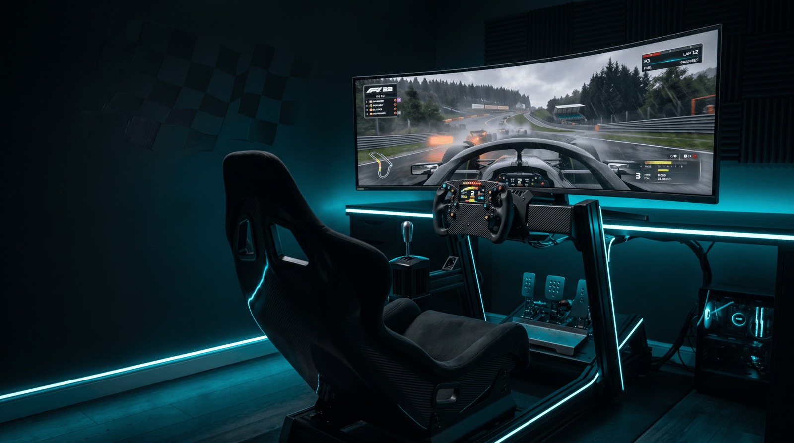 Cockpit simracing complet à châssis noir et éclairage bleu : siège baquet, volant de formule à écran, levier de vitesse, pédalier trois pédales et écran incurvé affichant une course sous la pluie