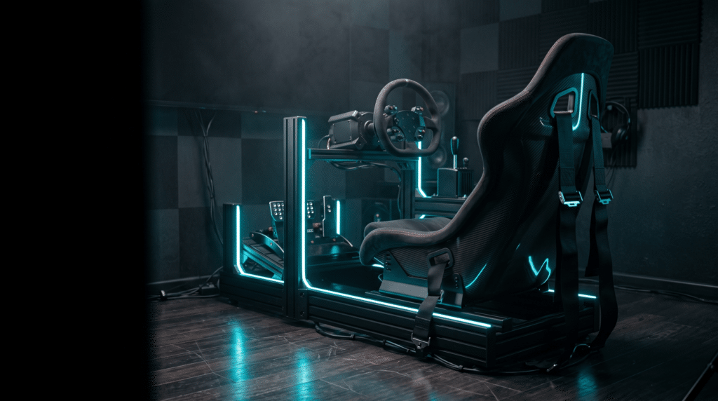 Cockpit simracing en profilé aluminium avec siège baquet à harnais, volant GT et pédalier trois pédales, éclairage LED cyan