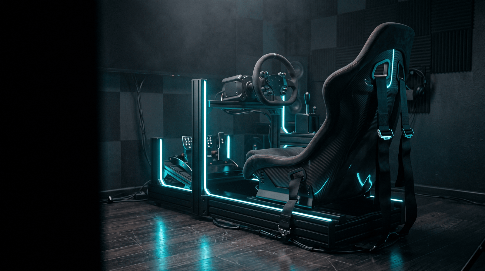 Cockpit simracing en profilé aluminium avec siège baquet à harnais, volant GT et pédalier trois pédales, éclairage LED cyan