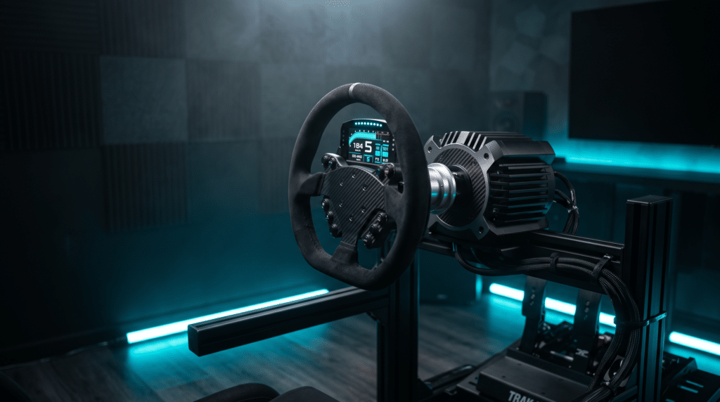 Volant GT en suédine à écran intégré, monté sur une base direct drive dans un cockpit éclairé en cyan